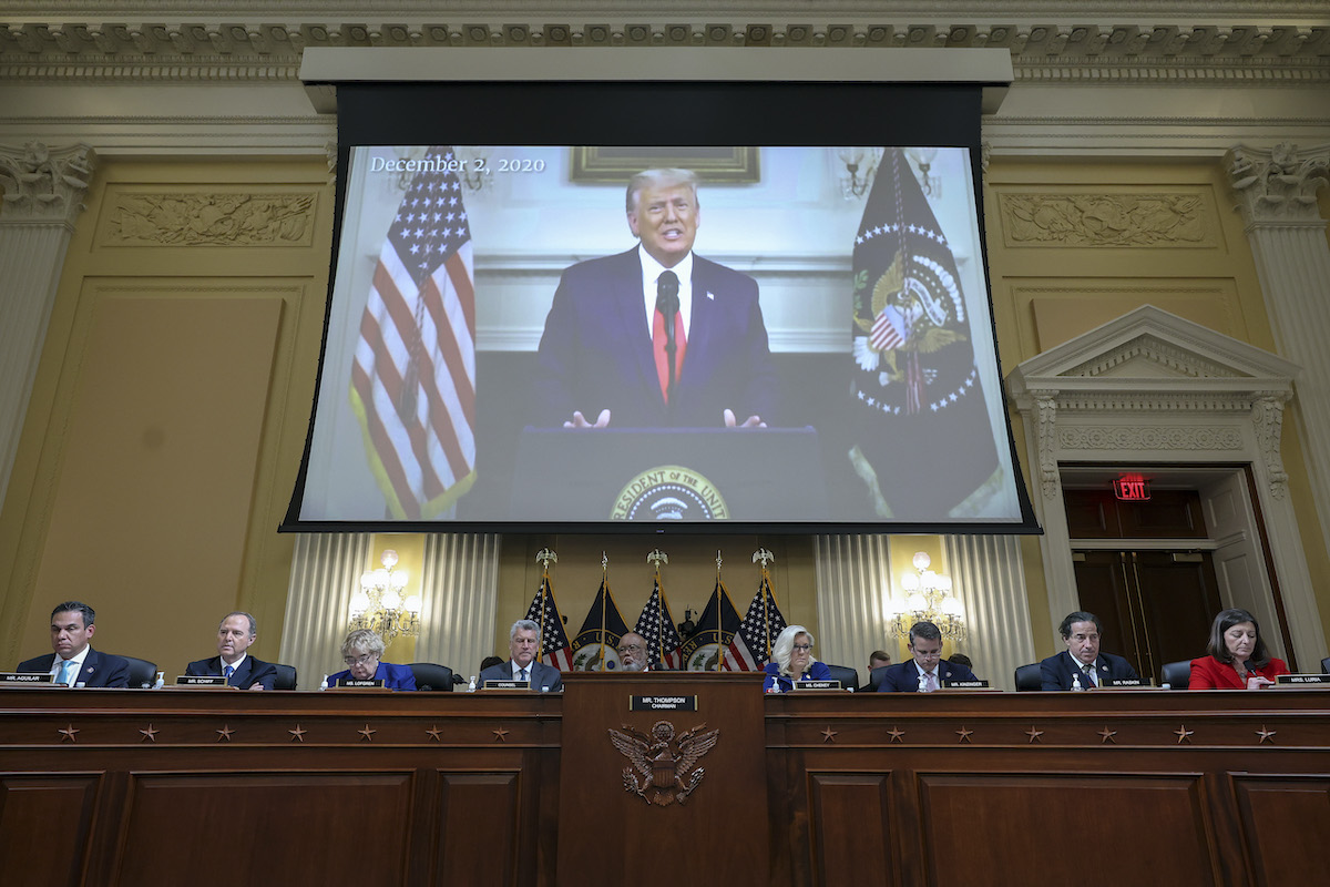 A video of former President Donald Trump is played during a hearing by the House Select Committee to Investigate the January 6th Attack on the U.S. Capitol