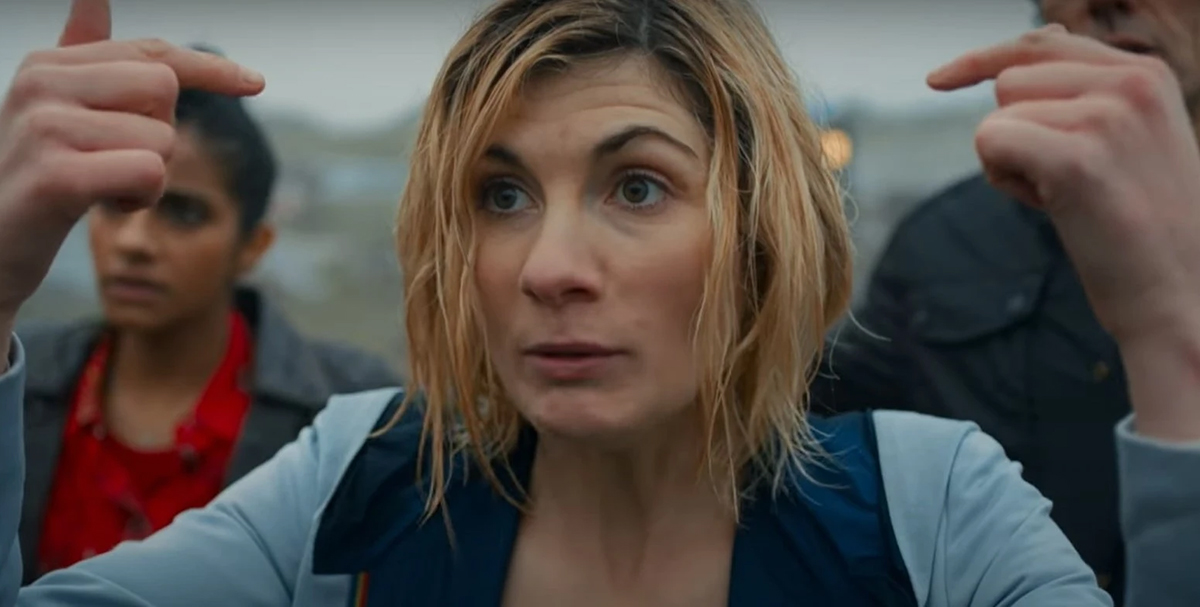Jodie Whittaker pointing at herself on Doctor Who