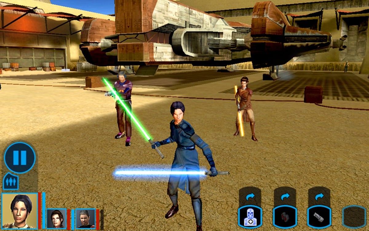 Three Jedi warriors stand wielding lightsabers in "Knights of the Old Republic"