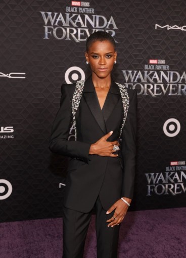 Letitia Wright on the purple carpet at the world premiere of Black Panther: Wakanda Forever.