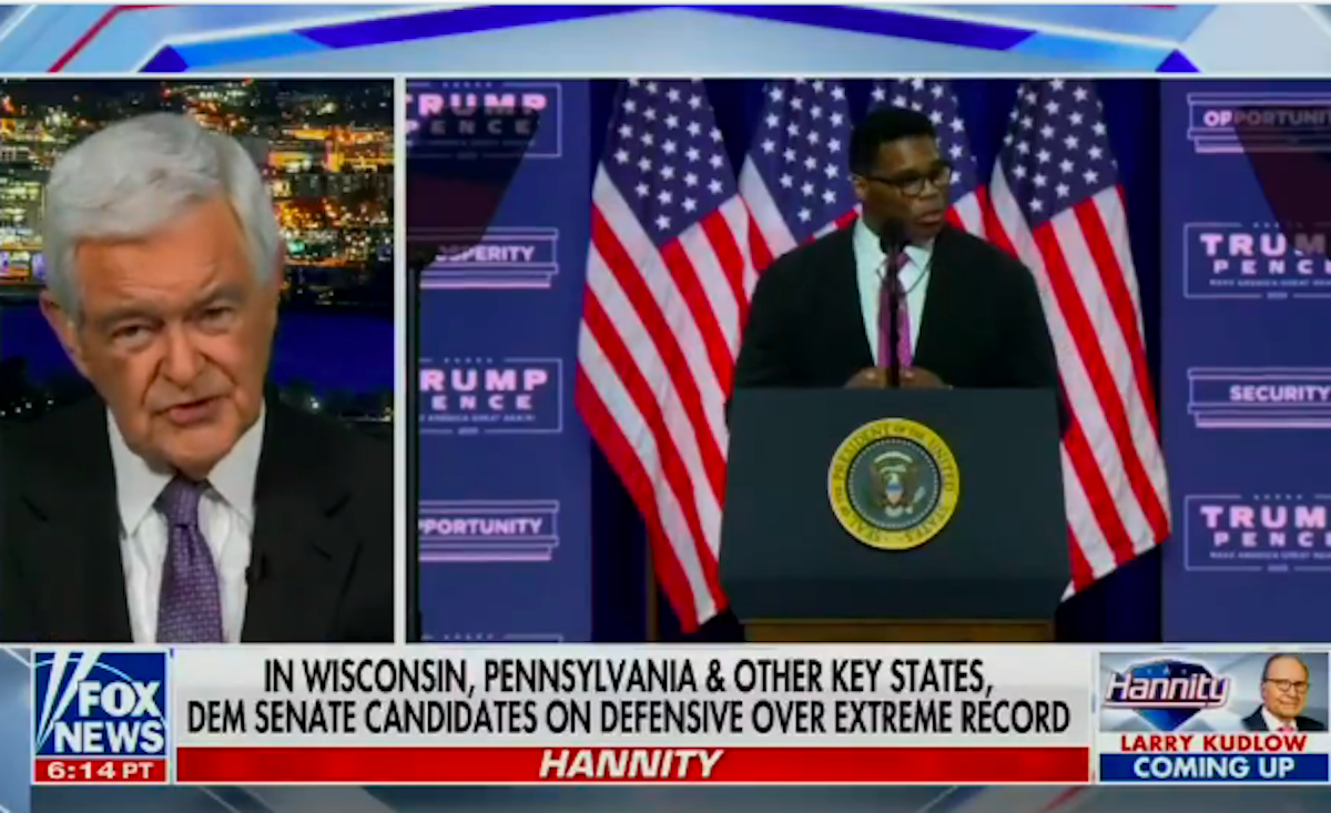 Newt Gingrich speaks on Fox News in a split screen with footage of Herschel Walker speaking at a Trump/Pence rally.