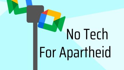 No Tech For Apartheid next to cameras made of Google Camera logo. Image: Alyssa Shotwell.