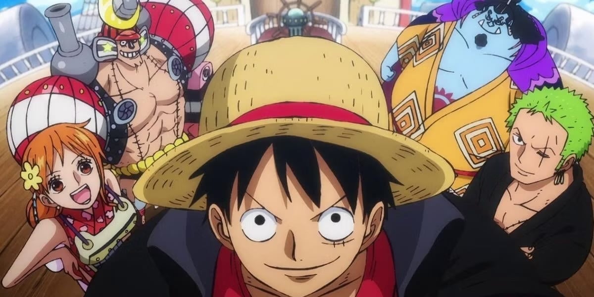 Luffy and the rest of the Straw Hat crew stare confidently into the camera in "One Piece"