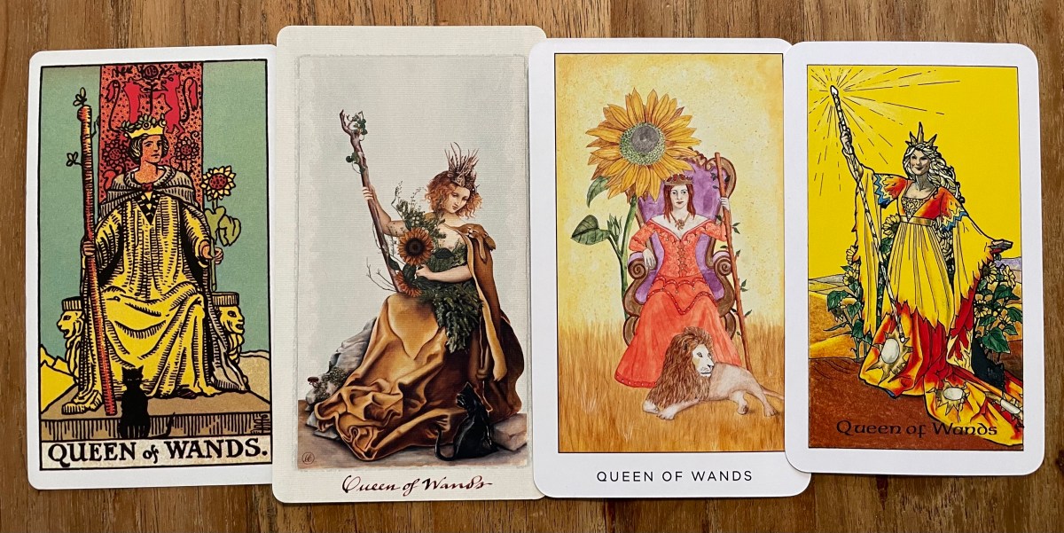 Four Queen of Wands tarot cards laid out side by side to show the similar imagery.