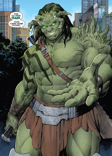 Skaar, in a page from Marvel comics, holds out his hand and says, "Your old friend, Skaar. You're going home, Stockpile..."