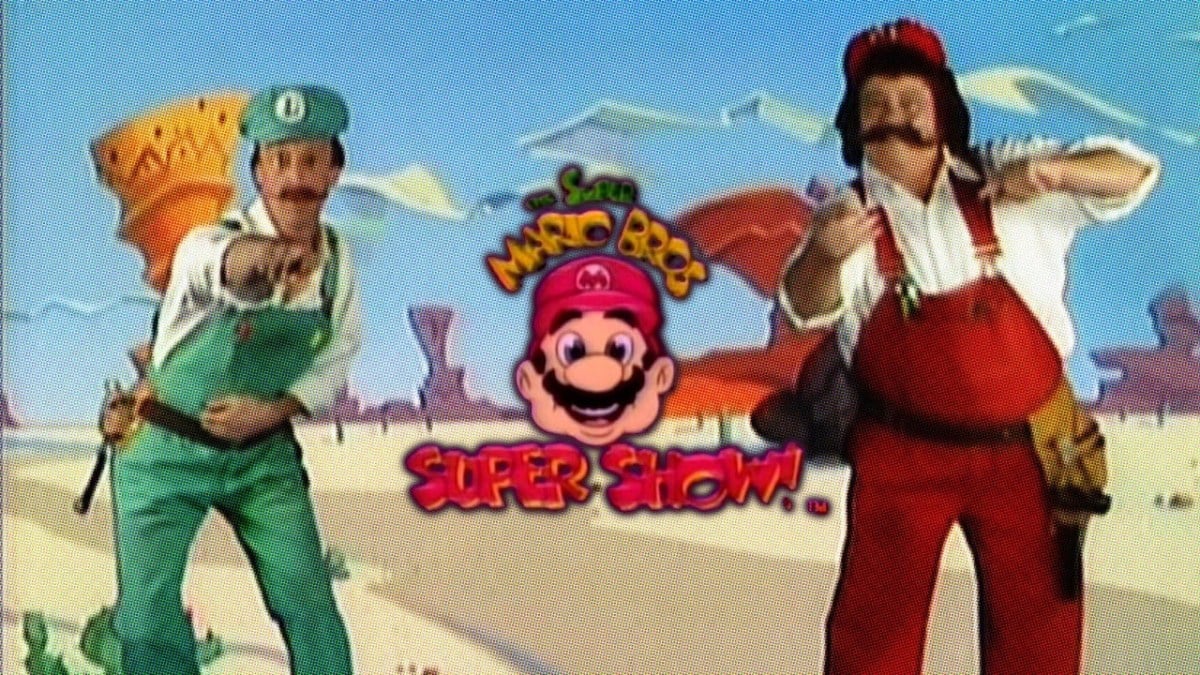 Title card from Super Mario Bros. Super Show, with live action Mario and Luigi dancing.