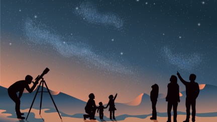 Stargazing looking at dark night sky stars. A group of people family and friends with man woman and children with telescope in silhouette. Looking at milky way astronomy concept vector grouped and layered with copy space