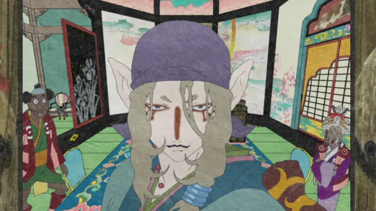 The medicine seller smirks calmly in a hotel while two confused patrons look on in "Mononoke"