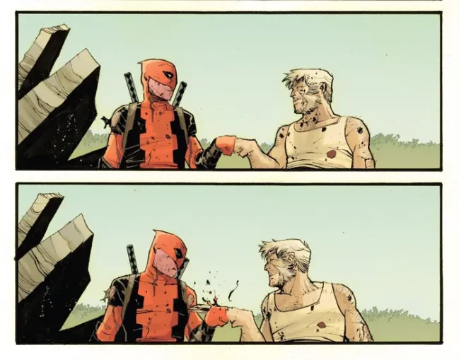 Two comics panels showing Wolverine fist-bumping Deadpool, then putting his claws through Deadpool's knuckles.