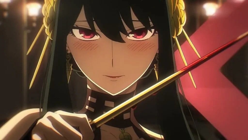 Yor Forger from Spy X Family blushing while holding a dagger (Wit Studio/Cloverworks)