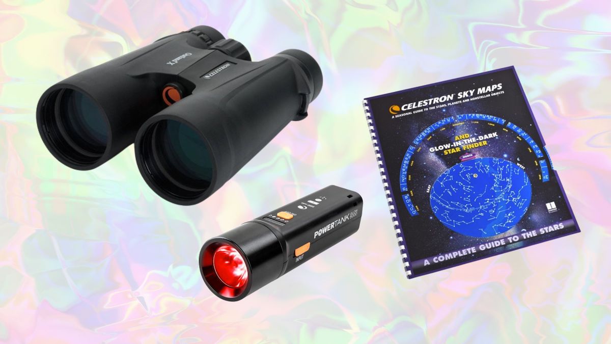 Binoculars, red light flashlight, and sky map from Celestron
