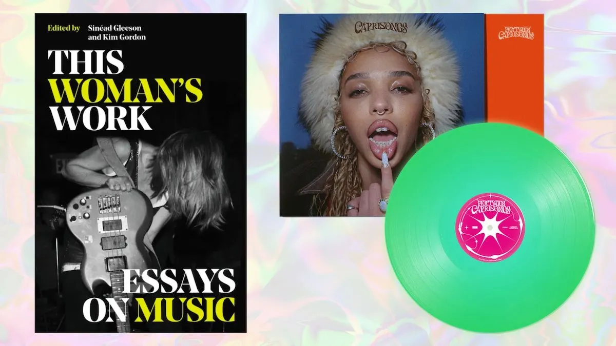 Cover art for the book This Woman's Work and the green vinyl edition of the FKA Twigs album Caprisongs