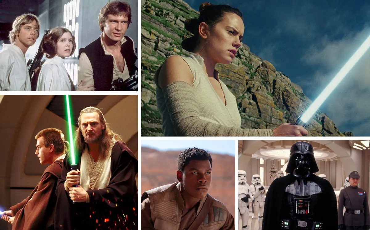 All 'Star Wars' movies ranked - clockwise from top left: Luke (Mark Hamill), Leia (Carrie Fisher), and Han Solo (Harrison Ford); Rey (Daisy Ridley) with a lightsaber, Darth Vader (David Prowse/James Earl Jones) with Stormtroopers; Finn (John Boyega); Qui Gon Jinn (Liam Neeson) and Obi-Wan Kenobi (Ewan McGregor)