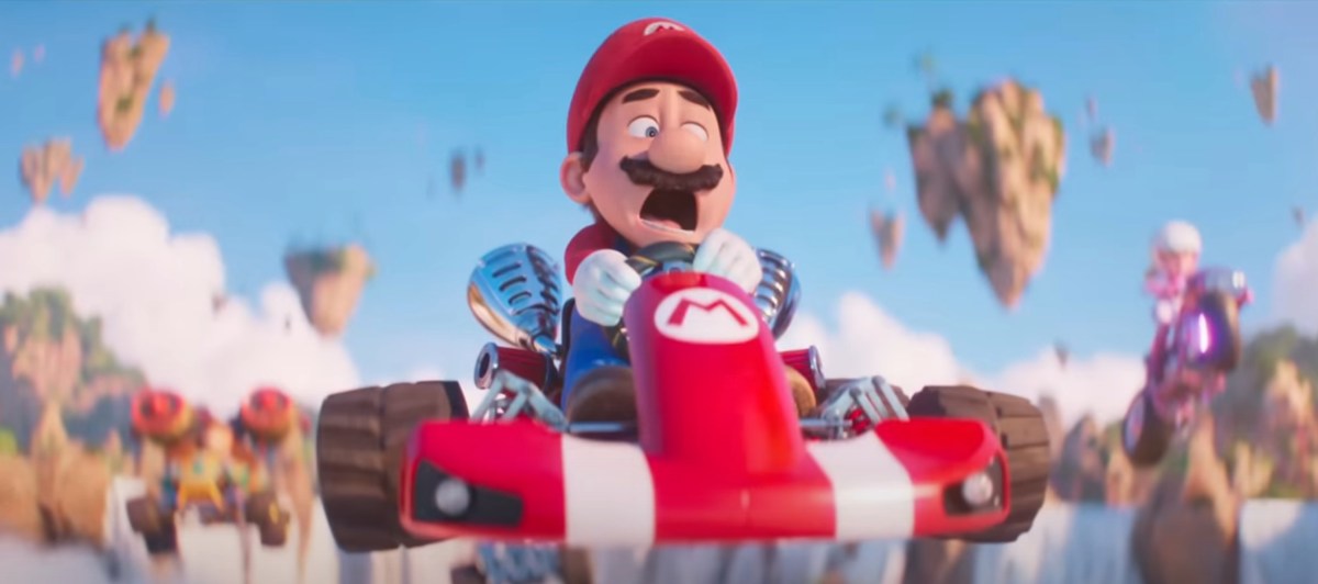 Mario flies in a go-kart in the Mario Bros. Movie.