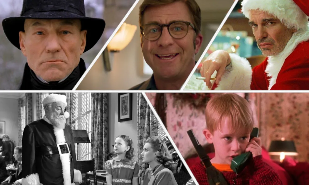 A collage of the best Christmas films including A Christmas Carol, A Christmas Story Christmas, Bad Santa, Miracle on 34th Street, and Home Alone