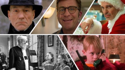 A collage of the best Christmas films including A Christmas Carol, A Christmas Story Christmas, Bad Santa, Miracle on 34th Street, and Home Alone