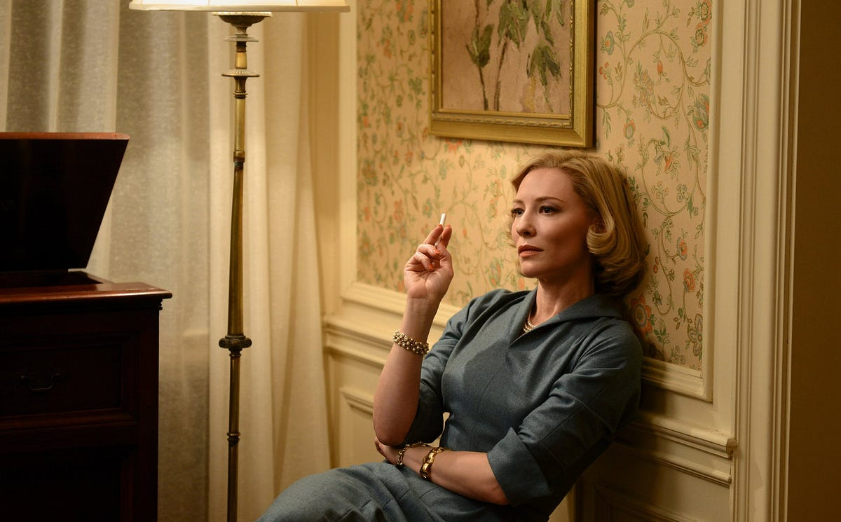 Cate Blanchett smoking a cigarette in a wallpapered room in 'Carol'