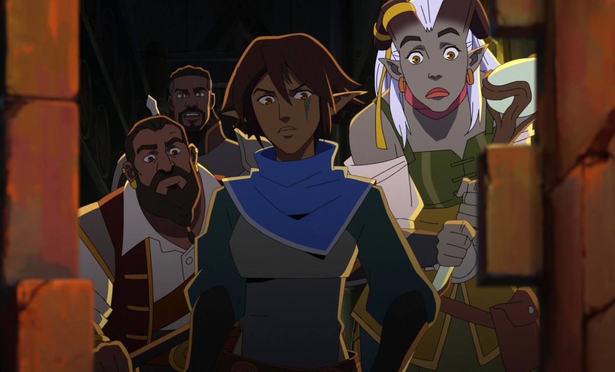 Miriam, Qwydion, Roland, and Lacklon in the animated series 'Dragon Age: Absolution'