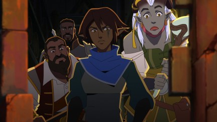 Miriam, Qwydion, Roland, and Lacklon in the animated series 'Dragon Age: Absolution'