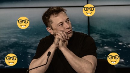 Elon Musk, surrounded by nerd emojis.