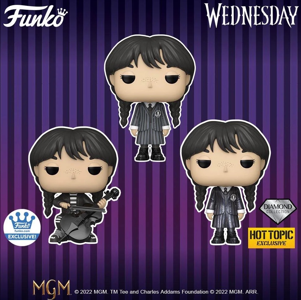The figurines of Funko Pop's new series dedicated to Netflix's Wednesday Addams
