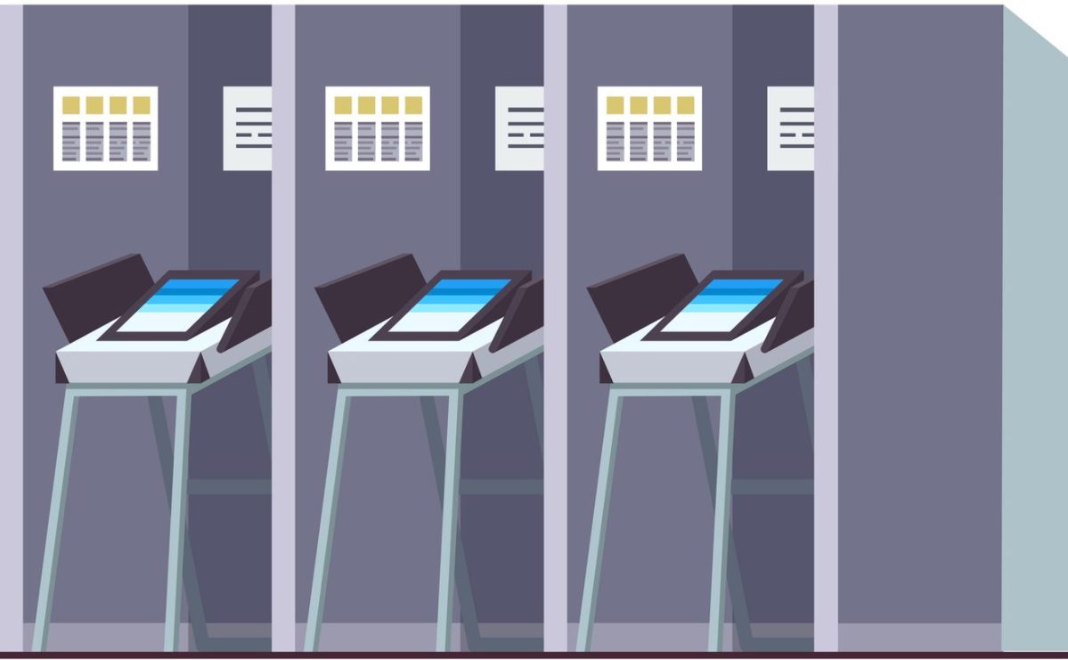 Voting station with reception desk and modern automated secure electronic voting machine booths. Flat style vector illustration isolated on white background. Image: IconicBestiary / Getty Images.