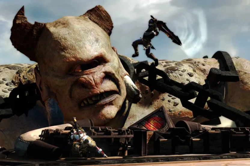 A Cyclops watches warriors battle in God of War: Ascension