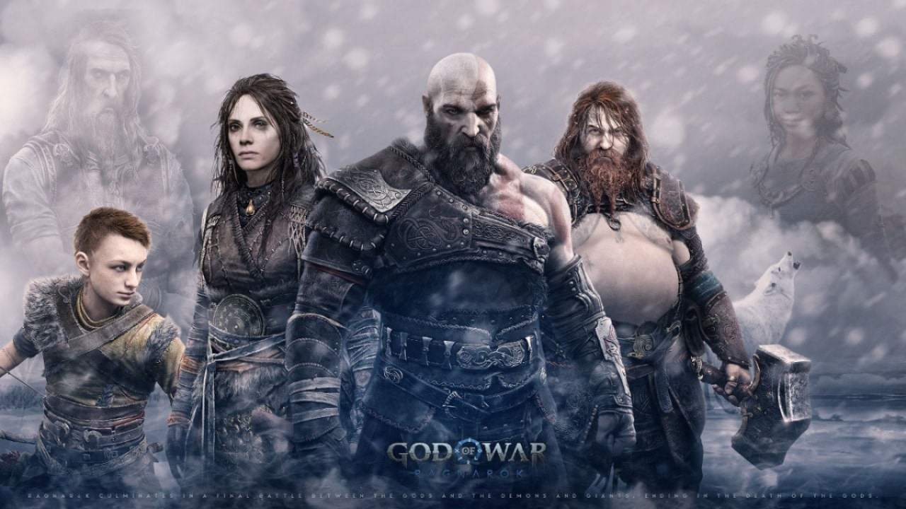 Official art for God of War: Ragnarok featuring Kratos and the main characters from the game