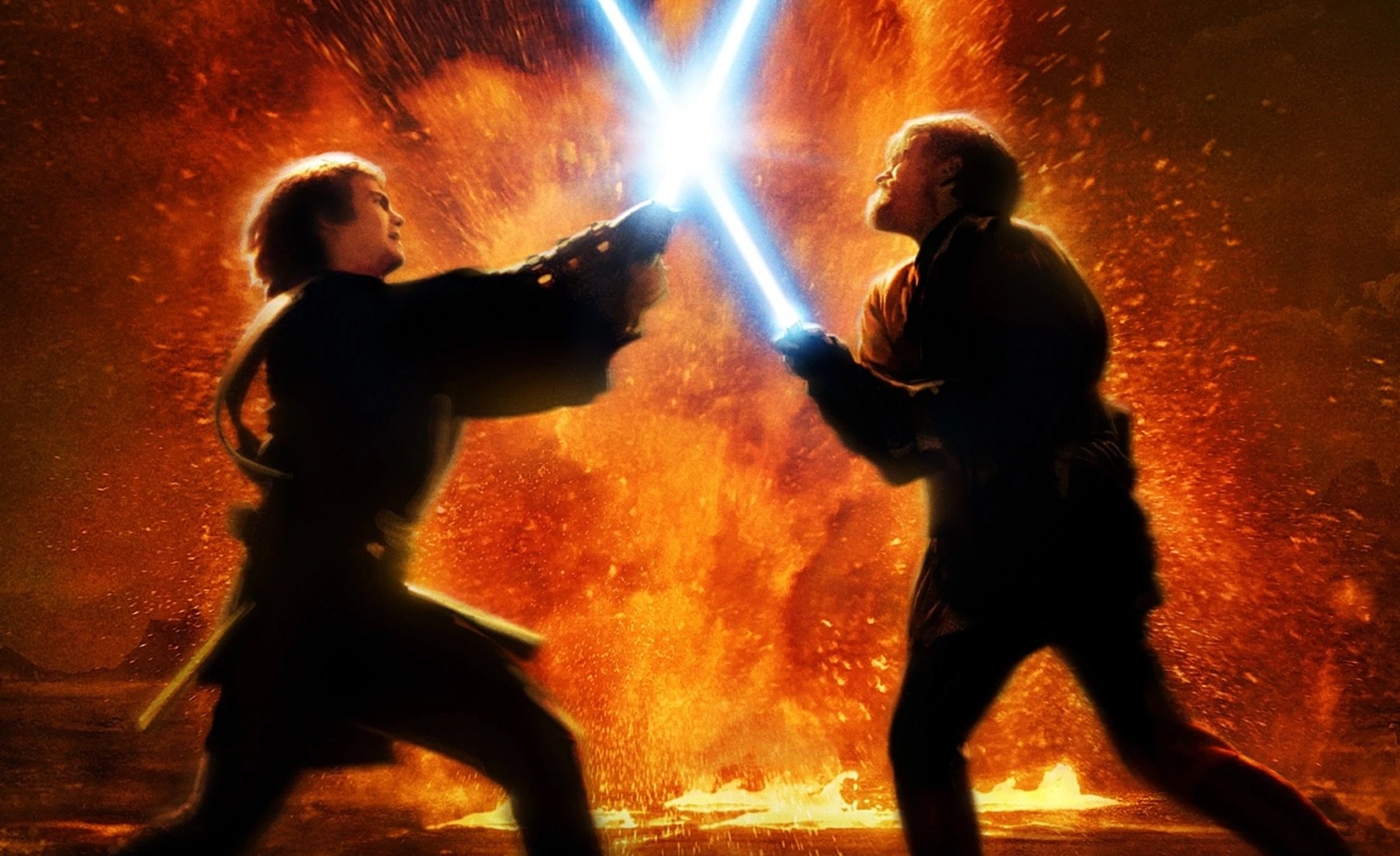 Anakin Skywalker and Obi-Wan Kenobi duel with lightsabers in Star Wars: Revenge of the Sith