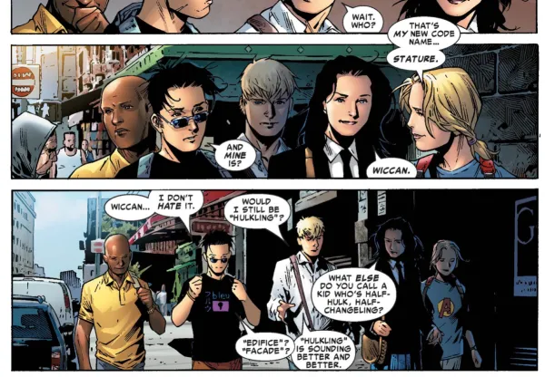 Two panels from Young Avengers. Cassie explains that her new code name is Stature, and when Billy asks what his should be, Kate Bishop says "Wiccan." Billy replies, "Wiccan ... I don't hate it."