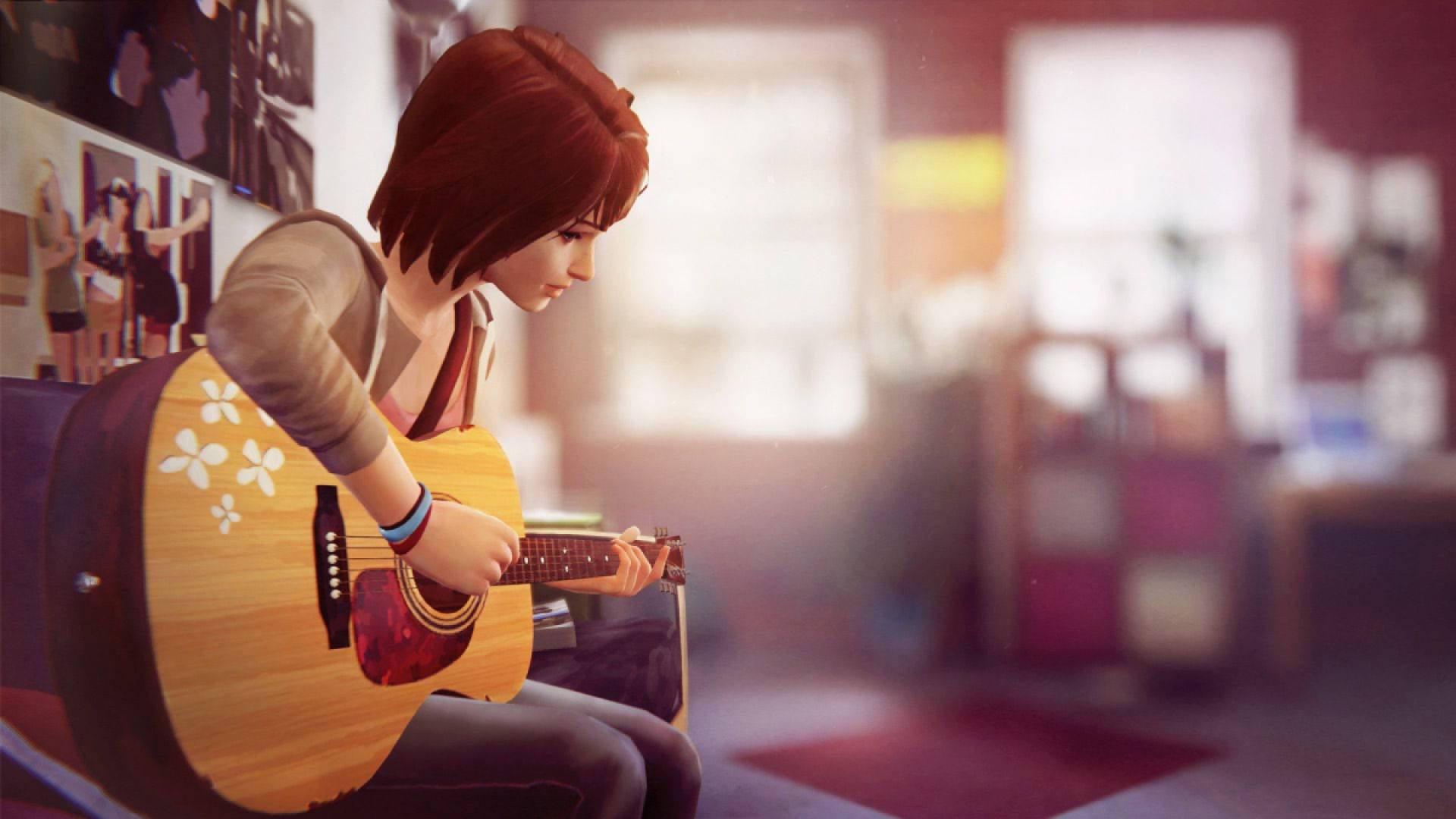 Max Caulfield playing a guitar in her dorm room in 'Life Is Strange'