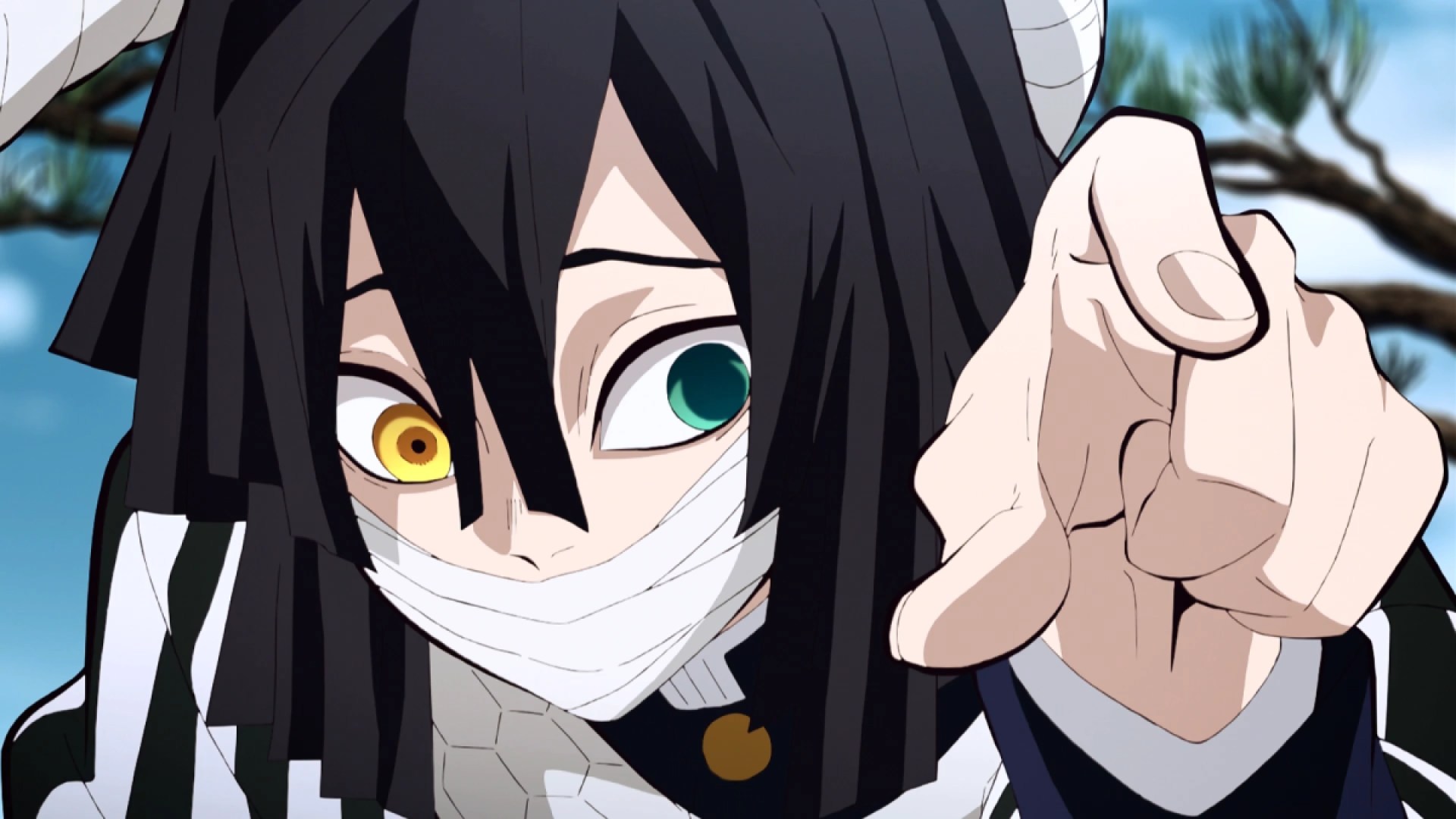 Iguro Obanai reaching out with a finger in Demon Slayer
