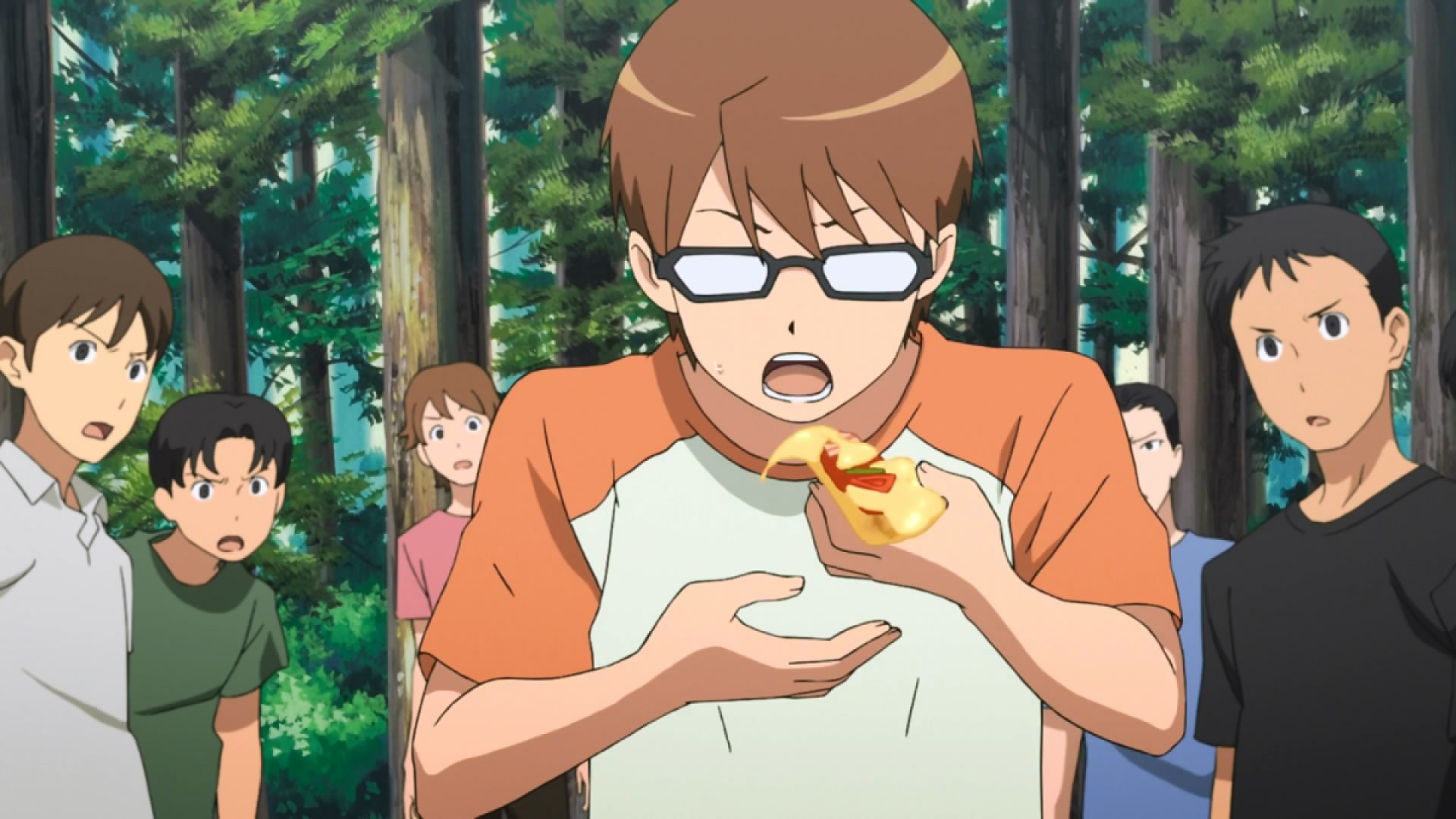 Yuugo Hachiken eats a slice of pizza while other boys stare at him in 'Silver Spoon'
