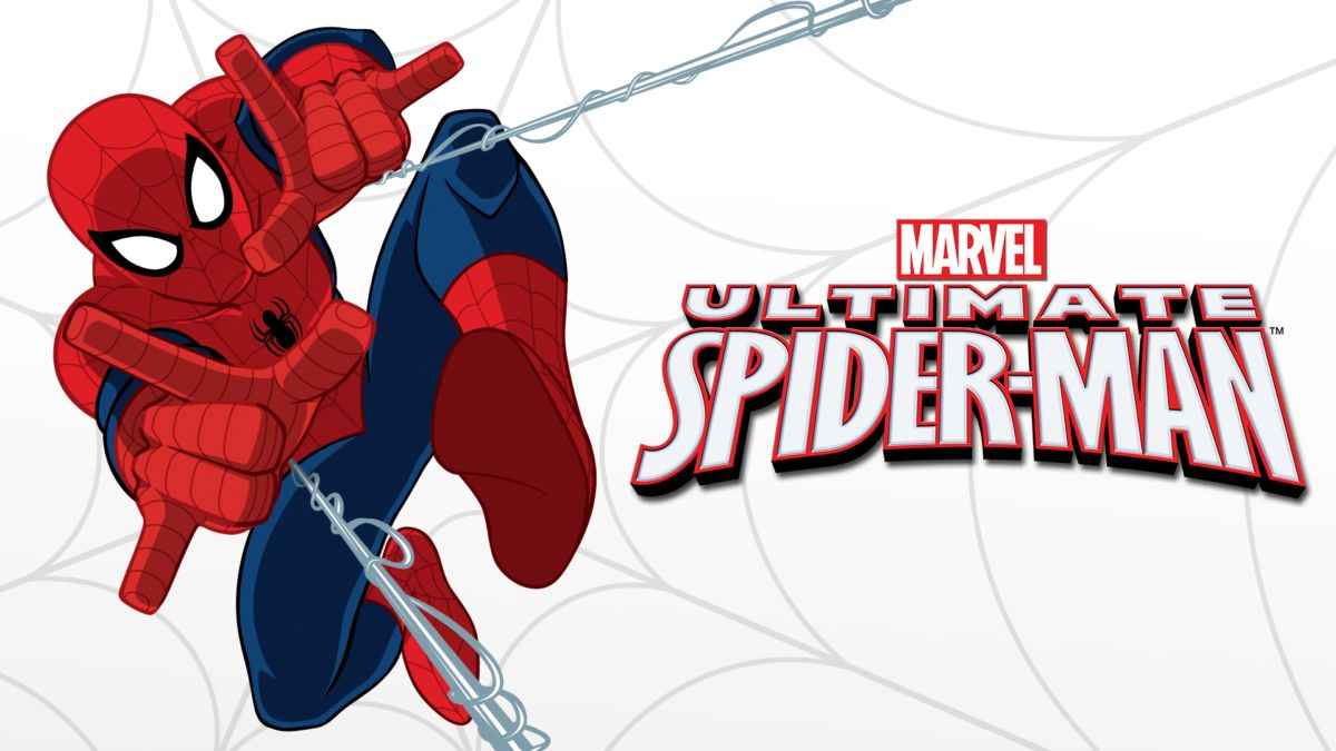 Marvel Ultimate Spider-Man title card featuring Spider-Man slinging webs.