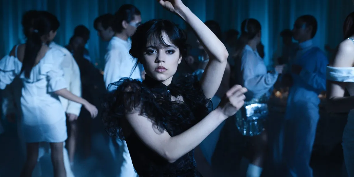 Jenna Ortega as Wednesday Addams in 'Wednesday,' dancing in a black ballgown