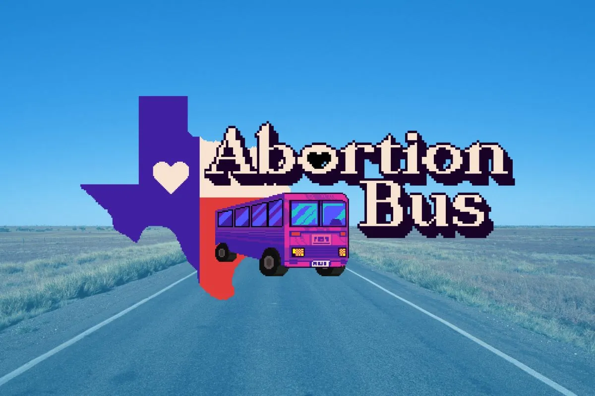 Abortion Bus logo/graphic over an image of open road that legit looks like Hill Country in Texas. Image: https://abortionbus.org/ & Alyssa.