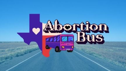 Abortion Bus logo/graphic over an image of open road that legit looks like Hill Country in Texas. Image: https://abortionbus.org/ & Alyssa.