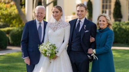 Joe and Jill Biden pose for a picture with their granddaughter Naomi and her fiancee on their wedding day.