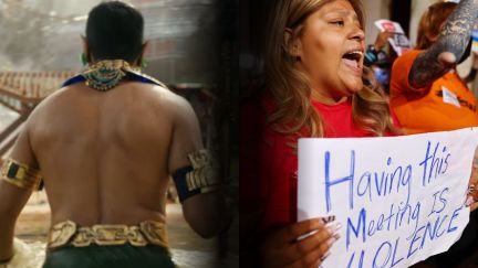 Two images next to eachother. On the left if Tenoch Huerta faced away as Namor from Black Panther: Wakanda Forever. On the right, is an LA city protestor on October 25, 2022 with the sign 