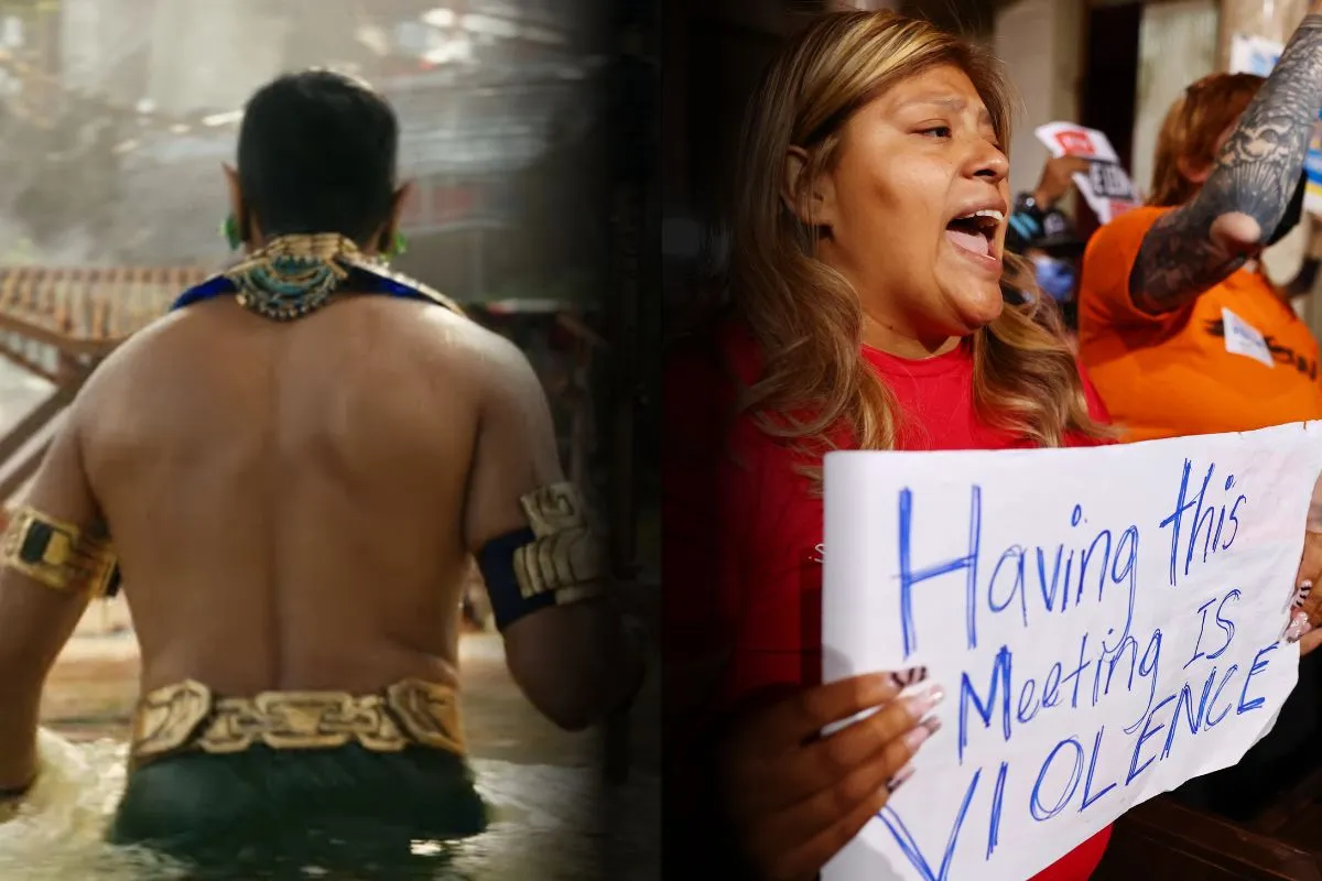 Two images next to eachother. On the left if Tenoch Huerta faced away as Namor from Black Panther: Wakanda Forever. On the right, is an LA city protestor on October 25, 2022 with the sign "Having this meeting is violence." Image: Marvel Entertainment and Mario Tama/Getty Images.