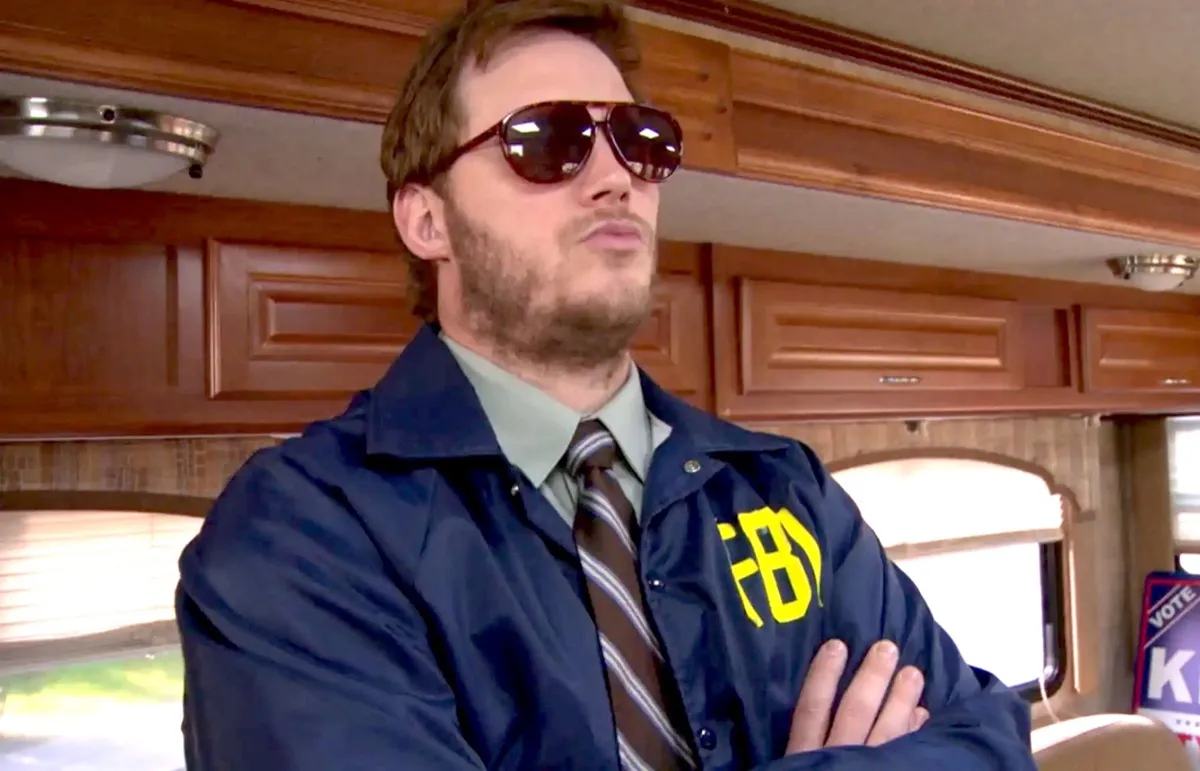 Chris Pratt's Andy Dwyer pretends to be made up FBI agent Burt Macklin on Parks and Recreation.