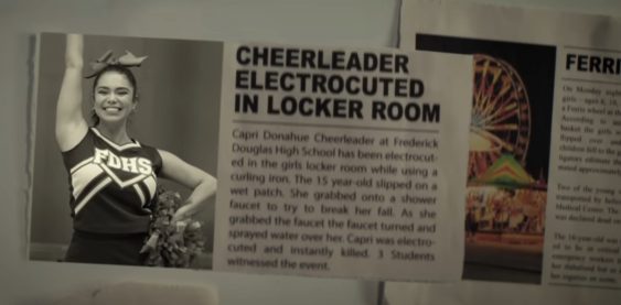 Newspaper clipping that reads 'cheerleader electrocuted in locker room' from the 'Darby and the Dead' trailer. Image: Hulu.