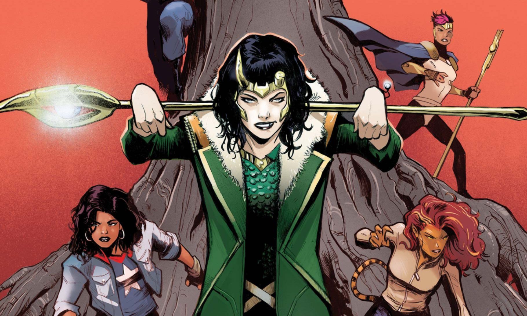 Cover of Defenders Beyond 1. Loki grins in the foreground, with Taaia, America Chavez, and Tigra behind her.