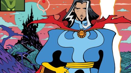 Detail from the cover of Doctor Strange: Fall Sunrise. Strange stands with his hand on his hip.