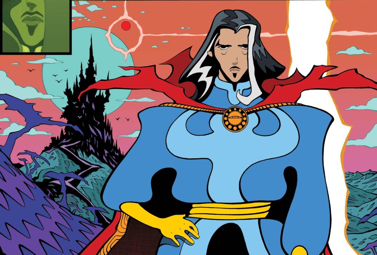 Detail from the cover of Doctor Strange: Fall Sunrise. Strange stands with his hand on his hip.