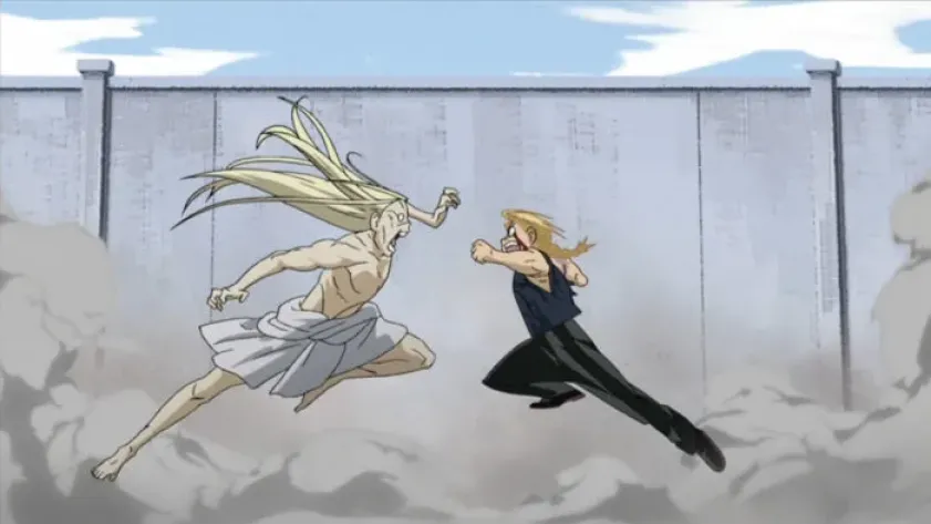 Edward Elric leaps at Father in Fullmetal Alchemist