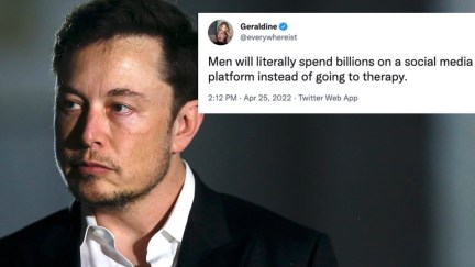 A photo of Elon Musk looking pensive with a tweet overlaid reading 