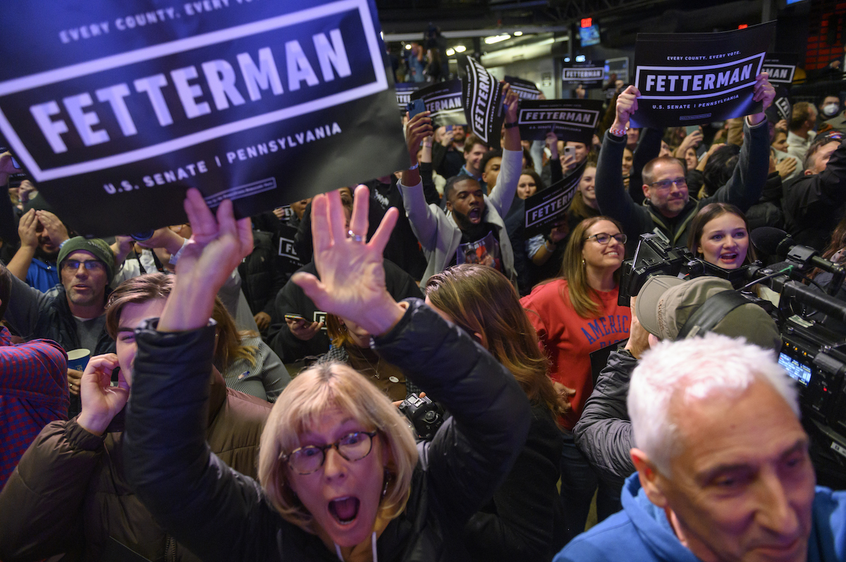 Supporters cheer during an election night event for Democratic Senate candidate John Fetterman