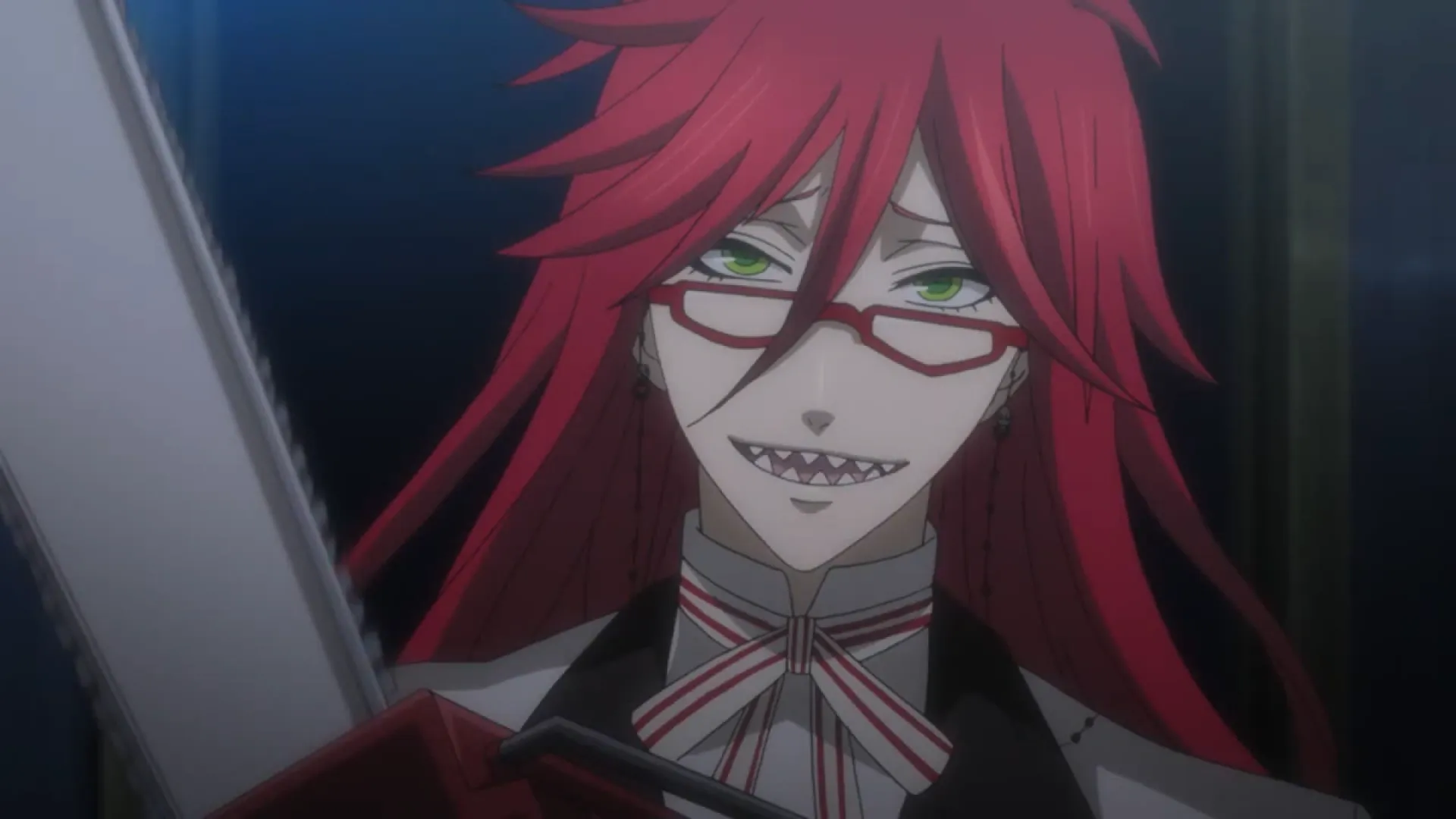 Grell giving a shark tooth smile while holding a chainsaw