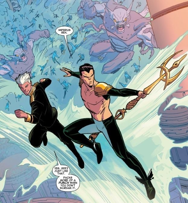 Namor says "Imperius Rex" while fighting monsters. Another character says, "Like that. You see? Packs more of a punch when you don't scream it."